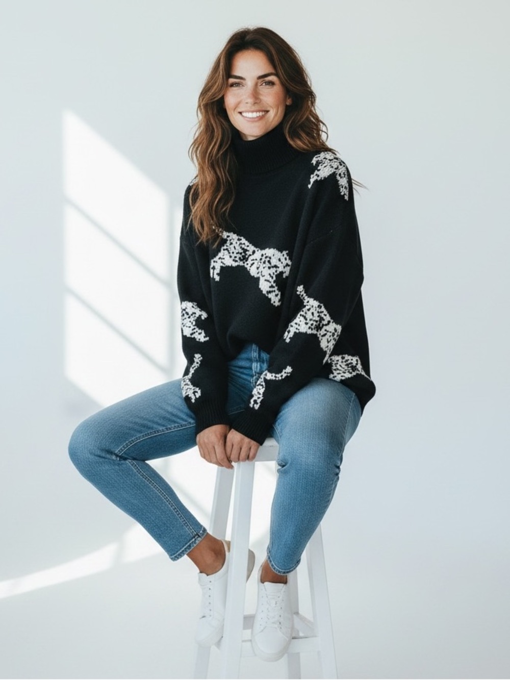 Cupshe Black Tiger Print Mockneck Long Sleeve Sweater, Women’s Large